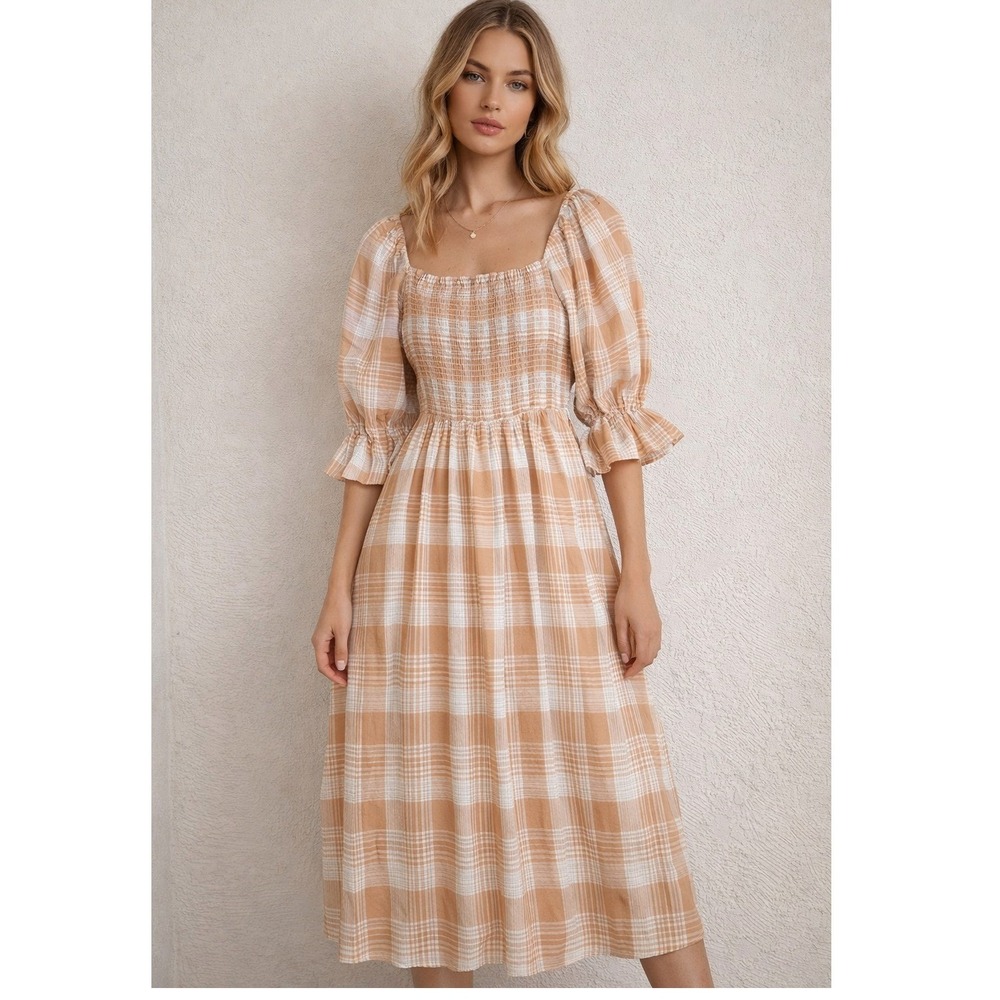 AURA Plaid Midi Dress Women Medium Orange White Smocked Puff Sleeve prairie